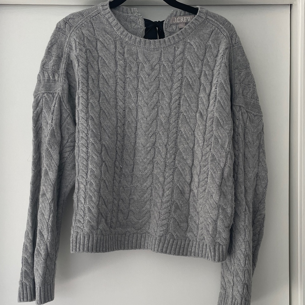 J. Crew Women's Light Gray Cable Knit Sweater with Bow